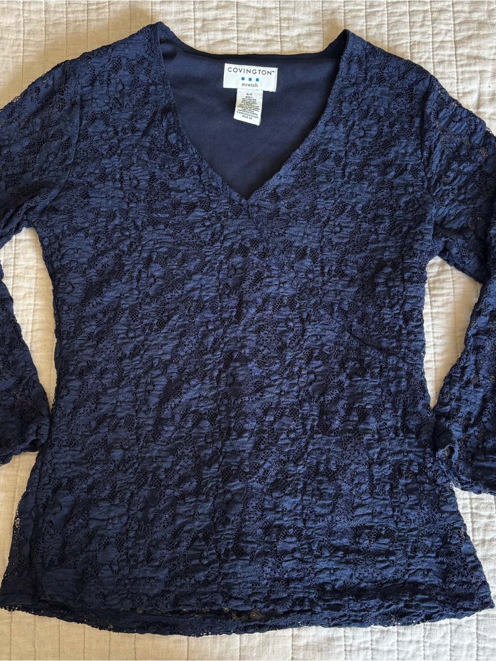 🍂Fall Navy Lace V‑Neck Long Sleeve Top